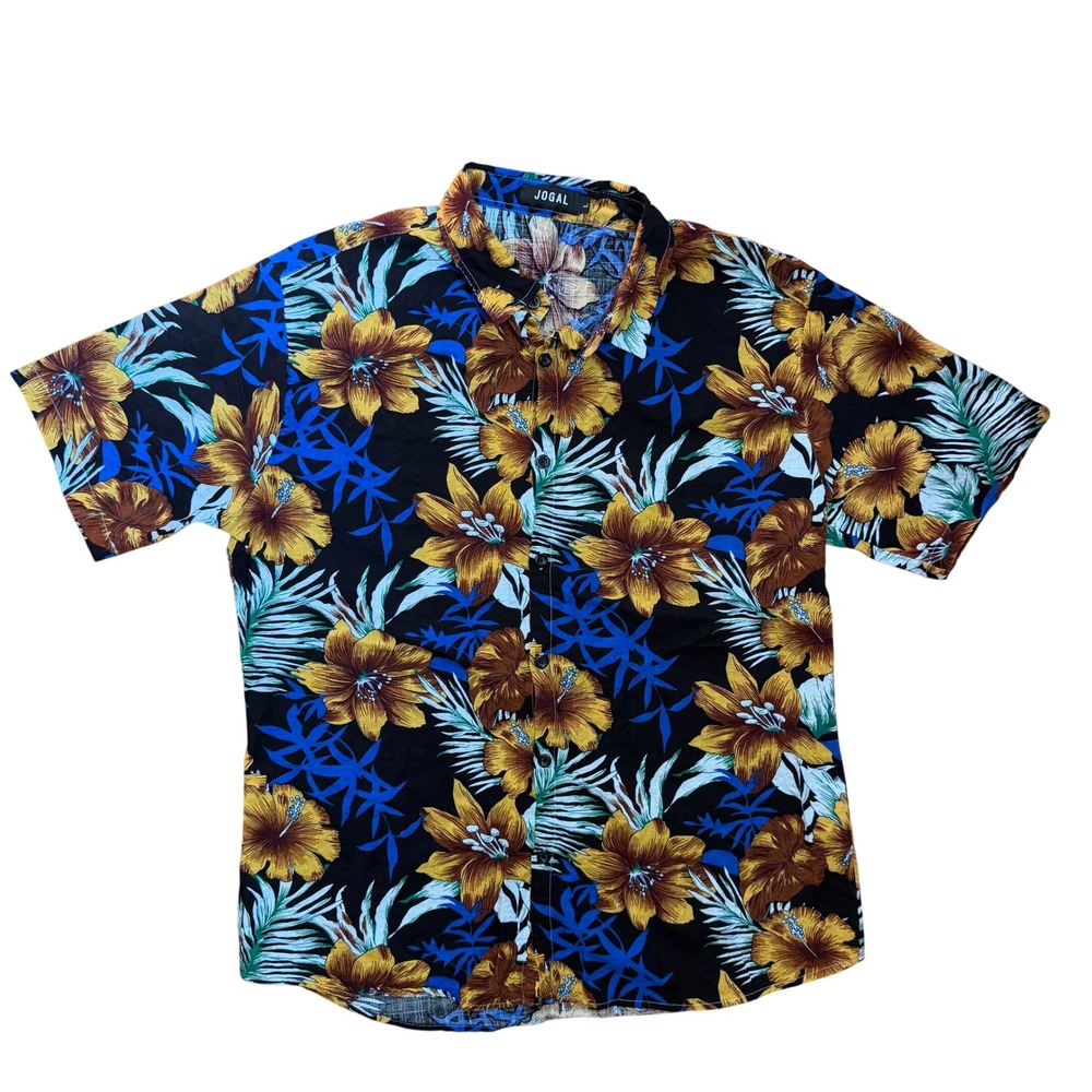 JOGAL Tropical Floral Streetwear Mens Button Down Shirt Black Cotton Viscose L